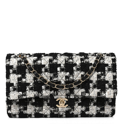 Chanel Tweed Quilted Medium Double Flap Black Ecru White 1 of 8