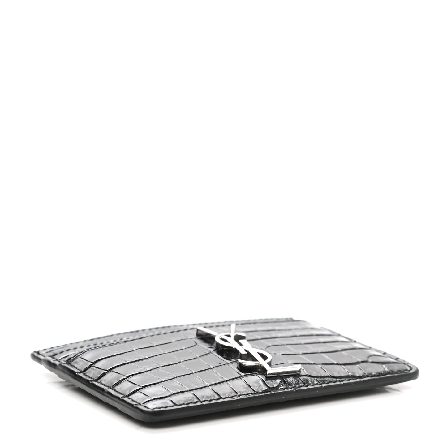 Calfskin Crocodile Embossed Monogram Credit Card Case Black