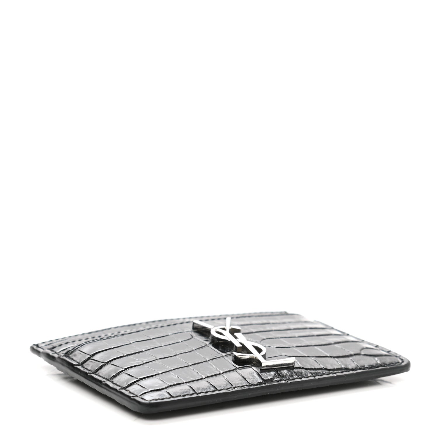 Saint Laurent Calfskin Crocodile Embossed Monogram Credit Card Case Black 4 of 8