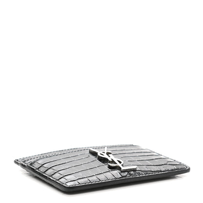 Saint Laurent Calfskin Crocodile Embossed Monogram Credit Card Case Black 4 of 8