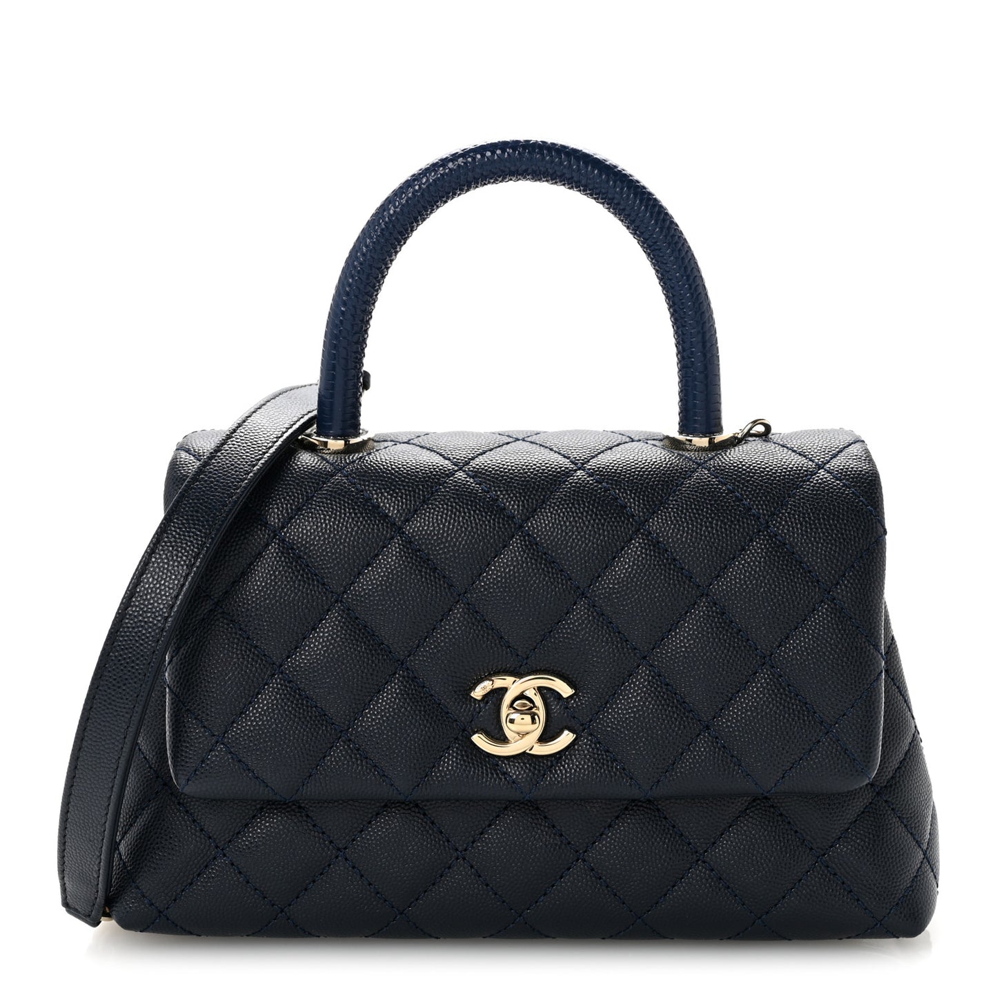 Caviar Quilted Lizard Embossed Mini Coco Handle Flap Navy Blue