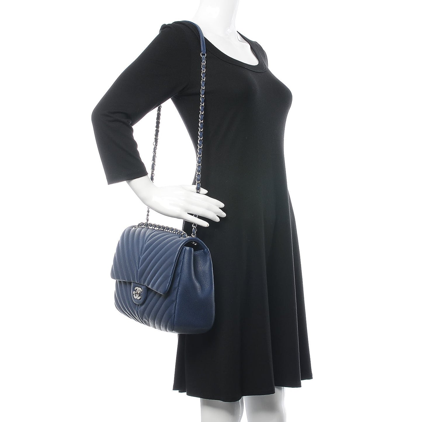 Caviar Chevron Quilted Large Puffy CC Flap Navy