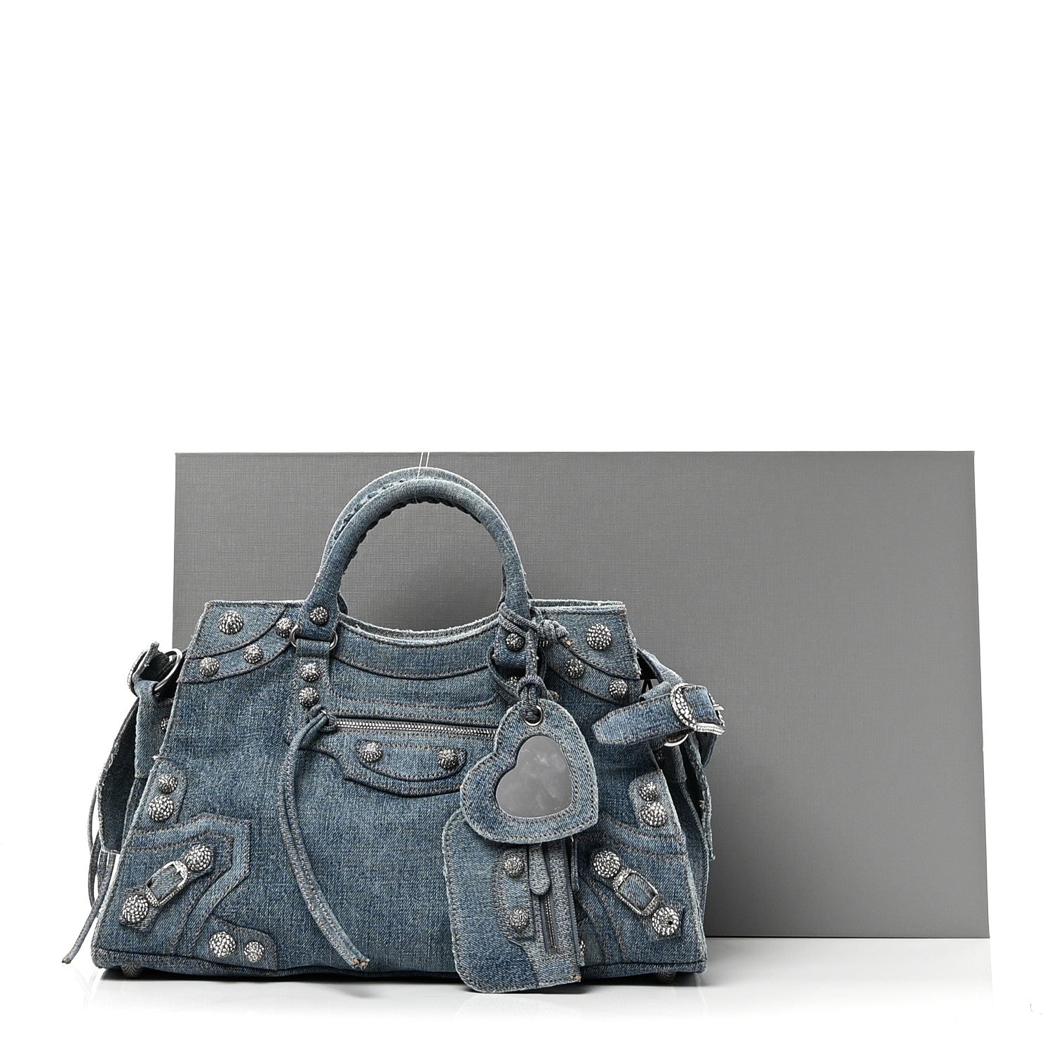 Balenciaga Washed Frayed Denim Crystal Neo Cagole City Handbag Blue 11 of 11