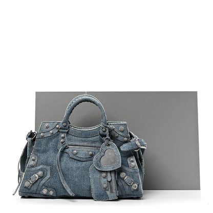 Balenciaga Washed Frayed Denim Crystal Neo Cagole City Handbag Blue 11 of 11