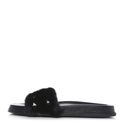 Valentino Garavani Mink Fur Rockstud Slide Sandals 39.5 Black 1 of 9