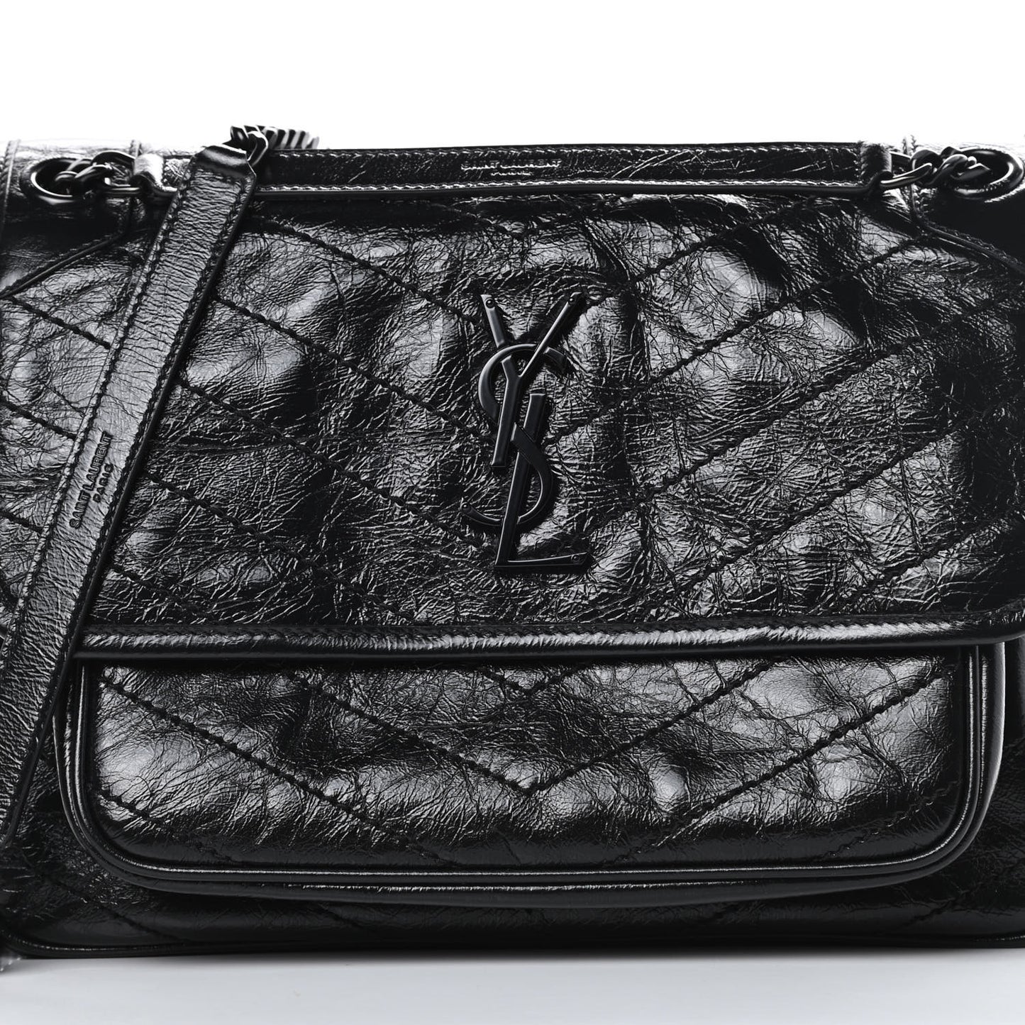 Crinkled Calfskin Matelasse Monogram Medium Niki Chain Satchel Black