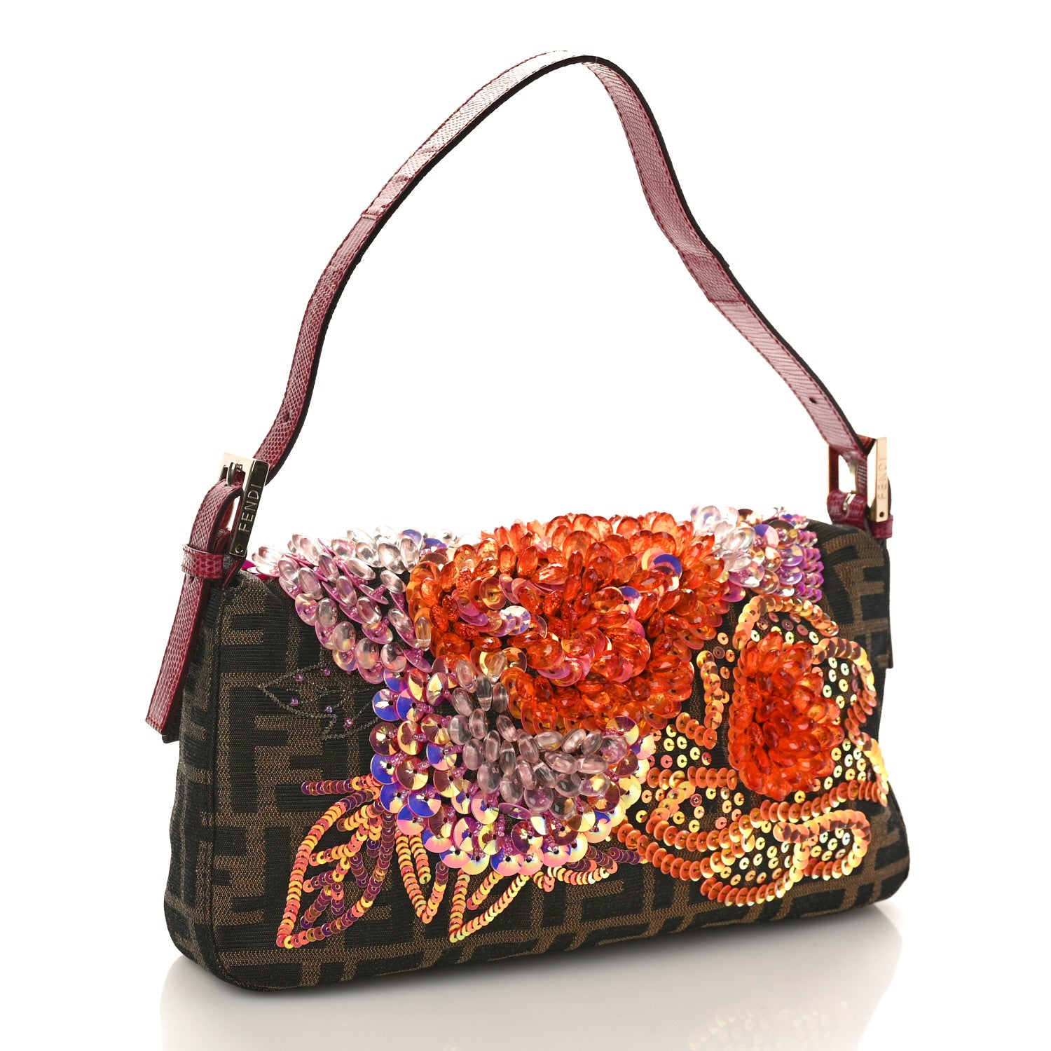 Fendi Lizard Zucca Crystal Floral Beaded Baguette Tobacco Multicolor 3 of 8