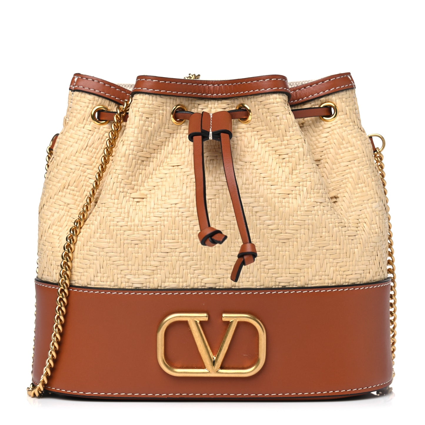 Raffia Calfskin Vlogo Drawstring Shoulder Bag Naturale Saddle Brown