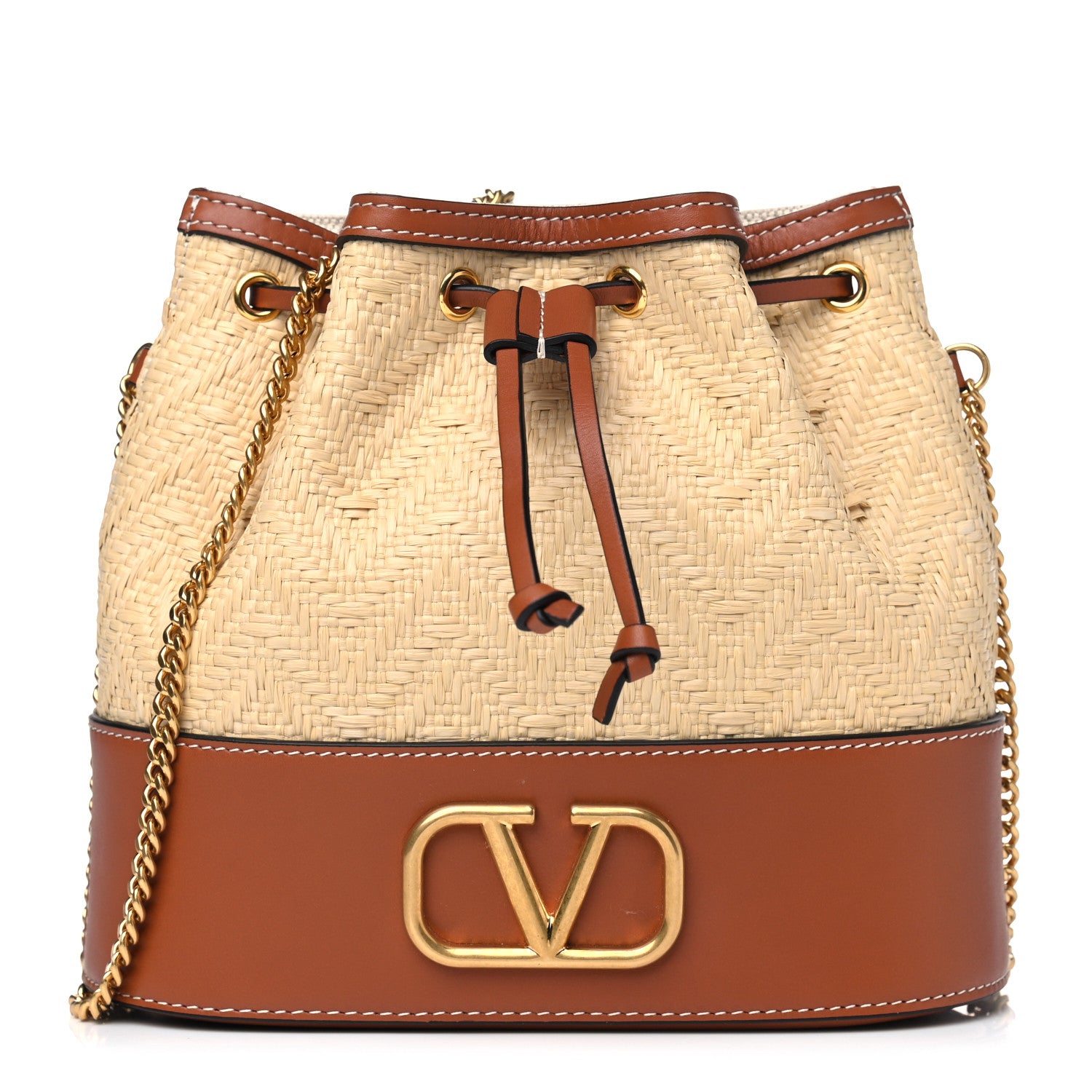 Valentino Garavani Raffia Calfskin Vlogo Drawstring Shoulder Bag Naturale Saddle Brown 1 of 4