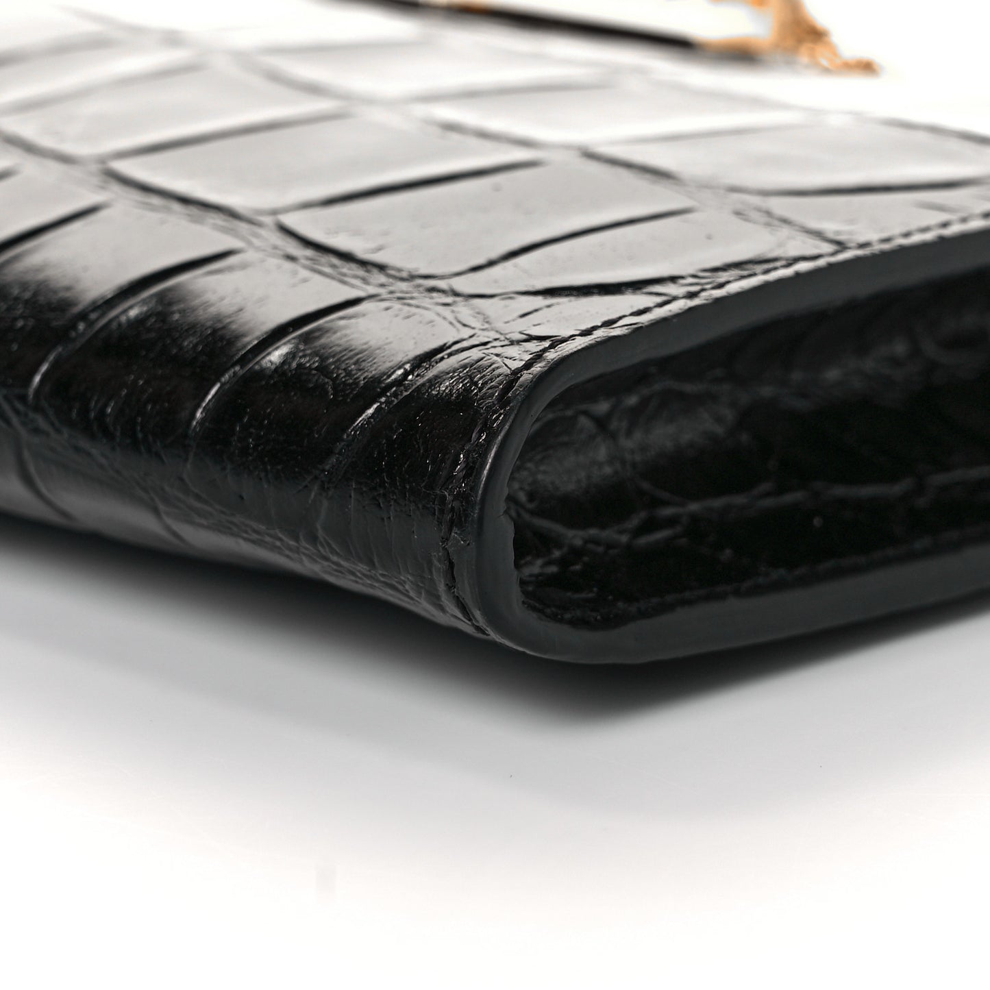 Calfskin Crocodile Embossed Knuckle Flat Clutch Black Gold