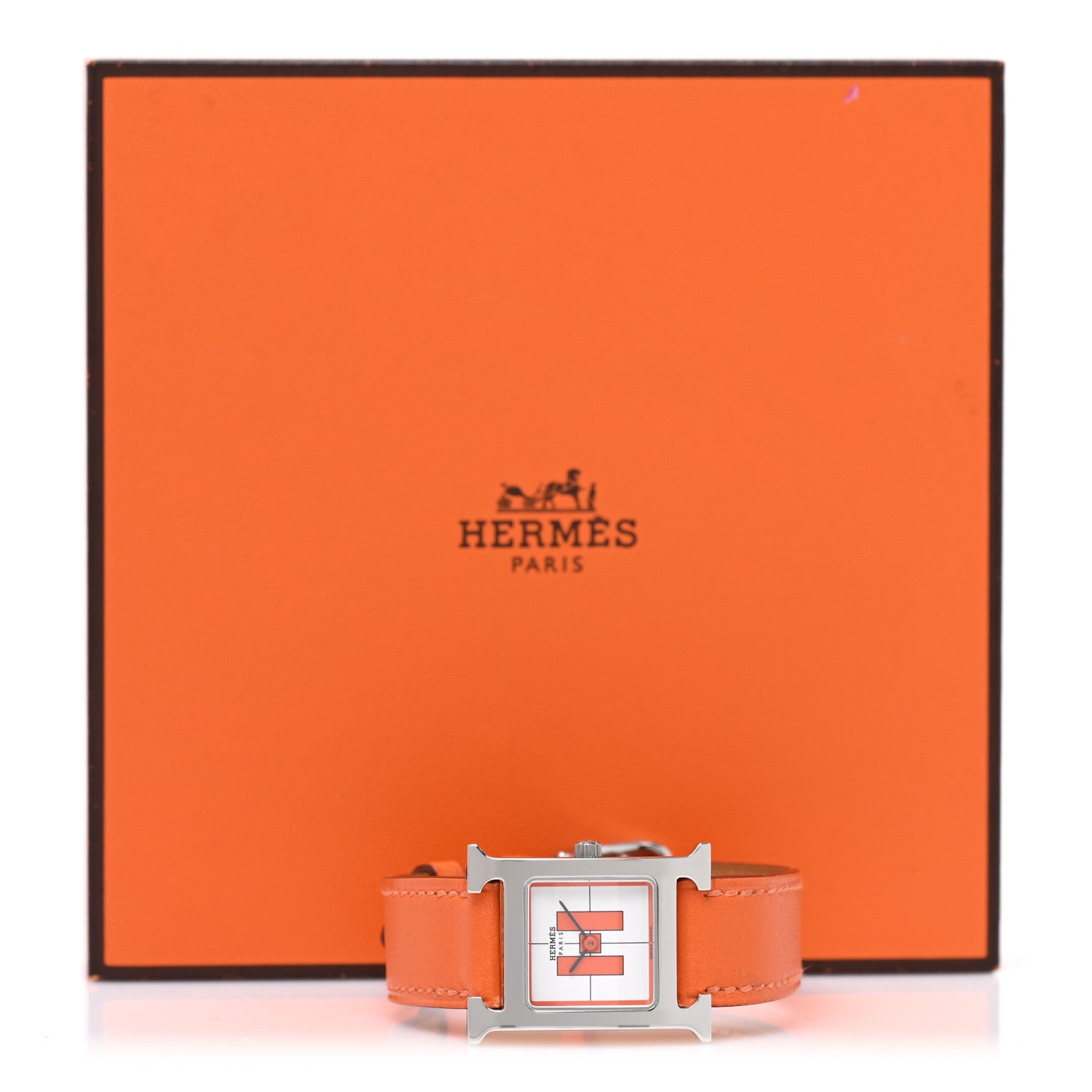 Hermes Stainless Steel Swift 21mm Heure H Hour Quartz Watch Orange