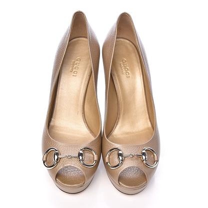 Gucci Metallic Soft Cellarius Calfskin Horsebit Platform Peep Toe Pumps 38 Champagne 17 of 18