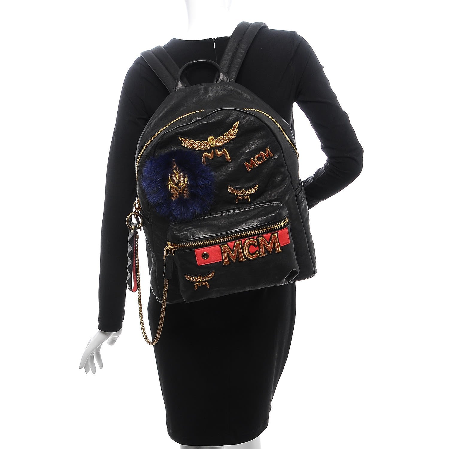 MCM Lambskin Fox Fur Medium Stark Insignia Backpack Black 2 of 9