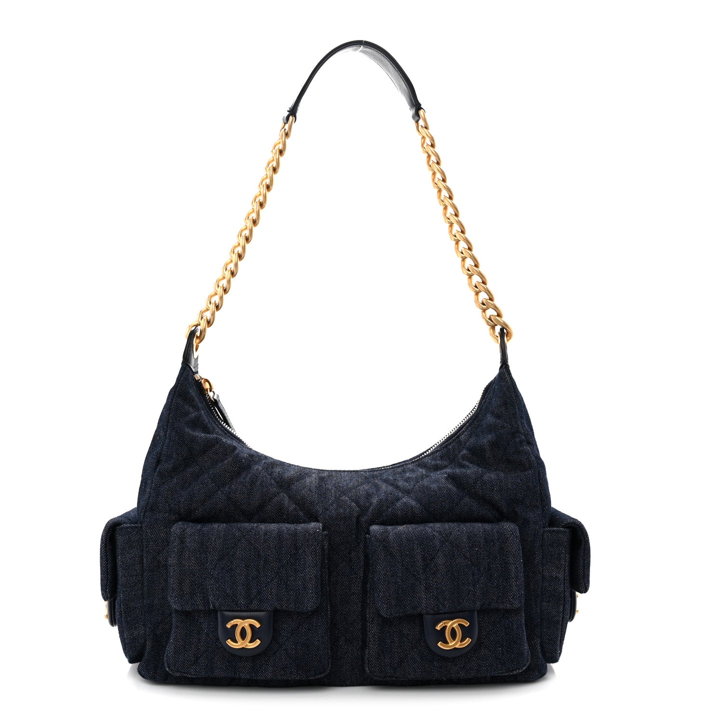 Washed Denim Quilted Cargo Large Hobo Dark Blue