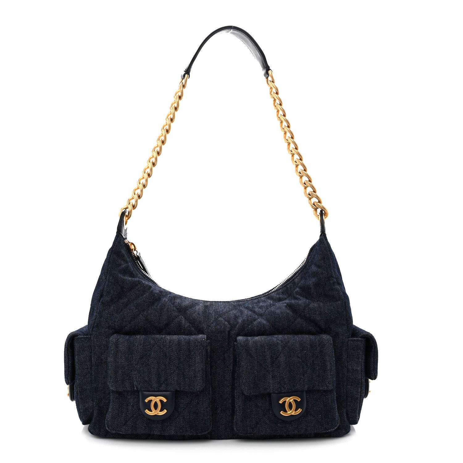 Chanel Washed Denim Quilted Cargo Large Hobo Dark Blue 1 of 10