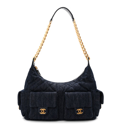 Chanel Washed Denim Quilted Cargo Large Hobo Dark Blue 1 of 10