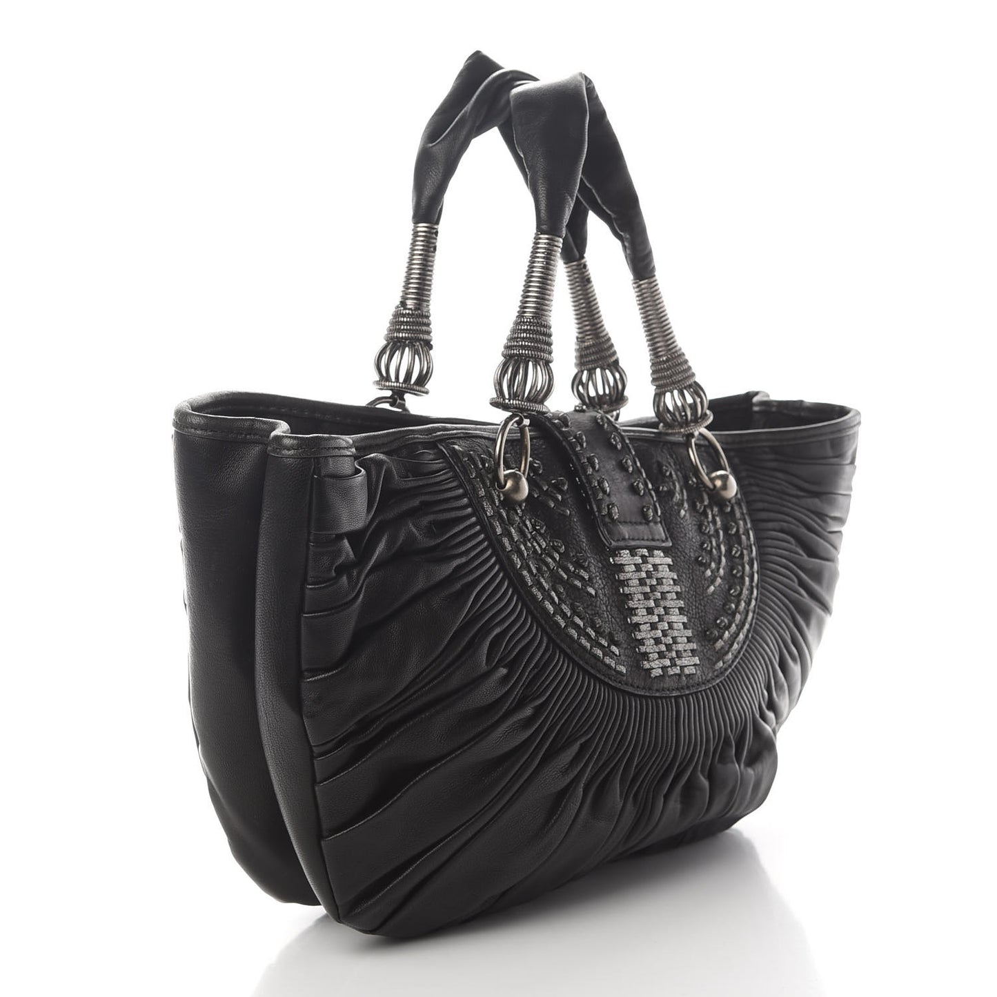 Lambskin Plisse Pleated Basket Tote Bag Black