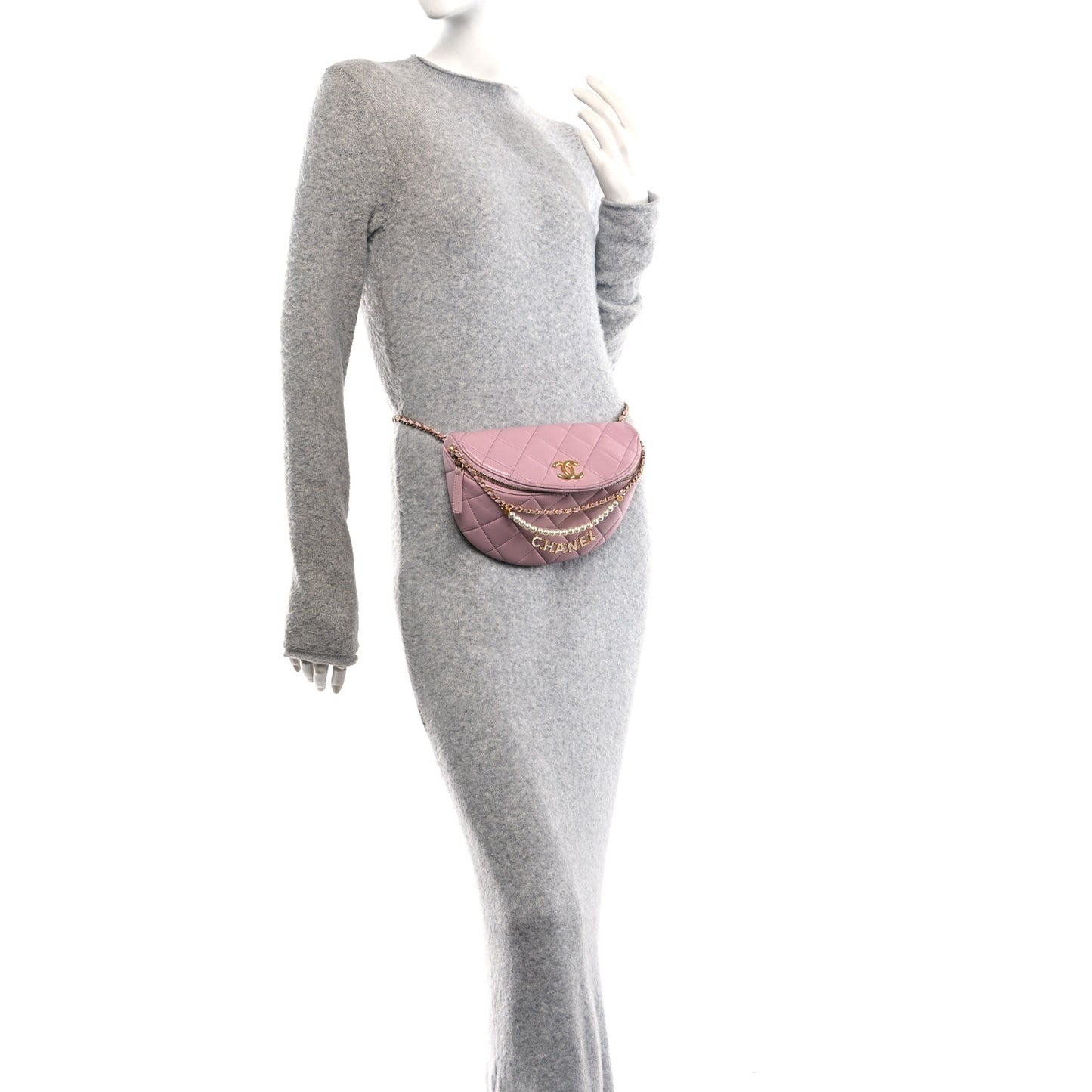 Shiny Lambskin Quilted Pearl Logo Waist Bag Light Pink