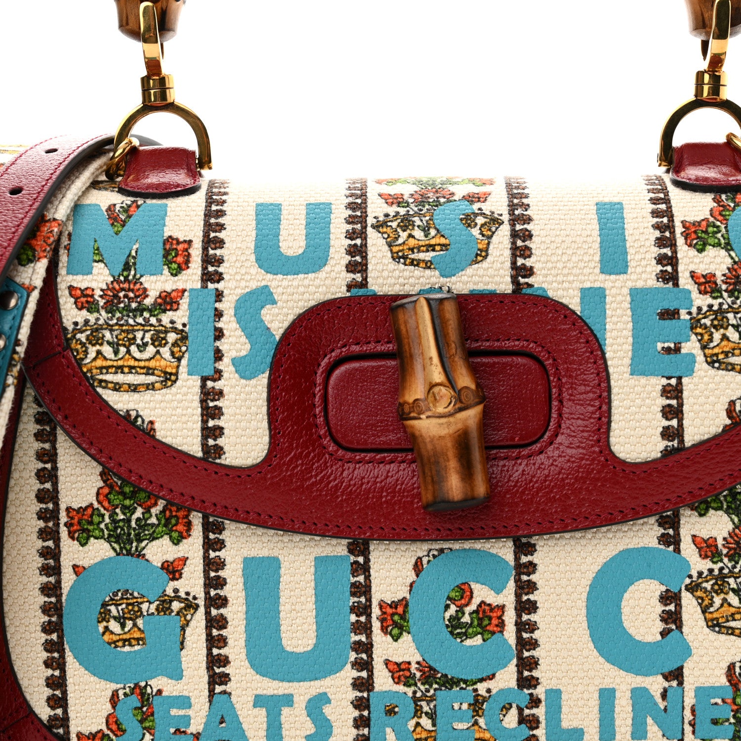 Gucci Canvas Calfskin 100 Centennial Music Medium Bamboo 1947 Top Handle Bag Ivory Red 7 of 10