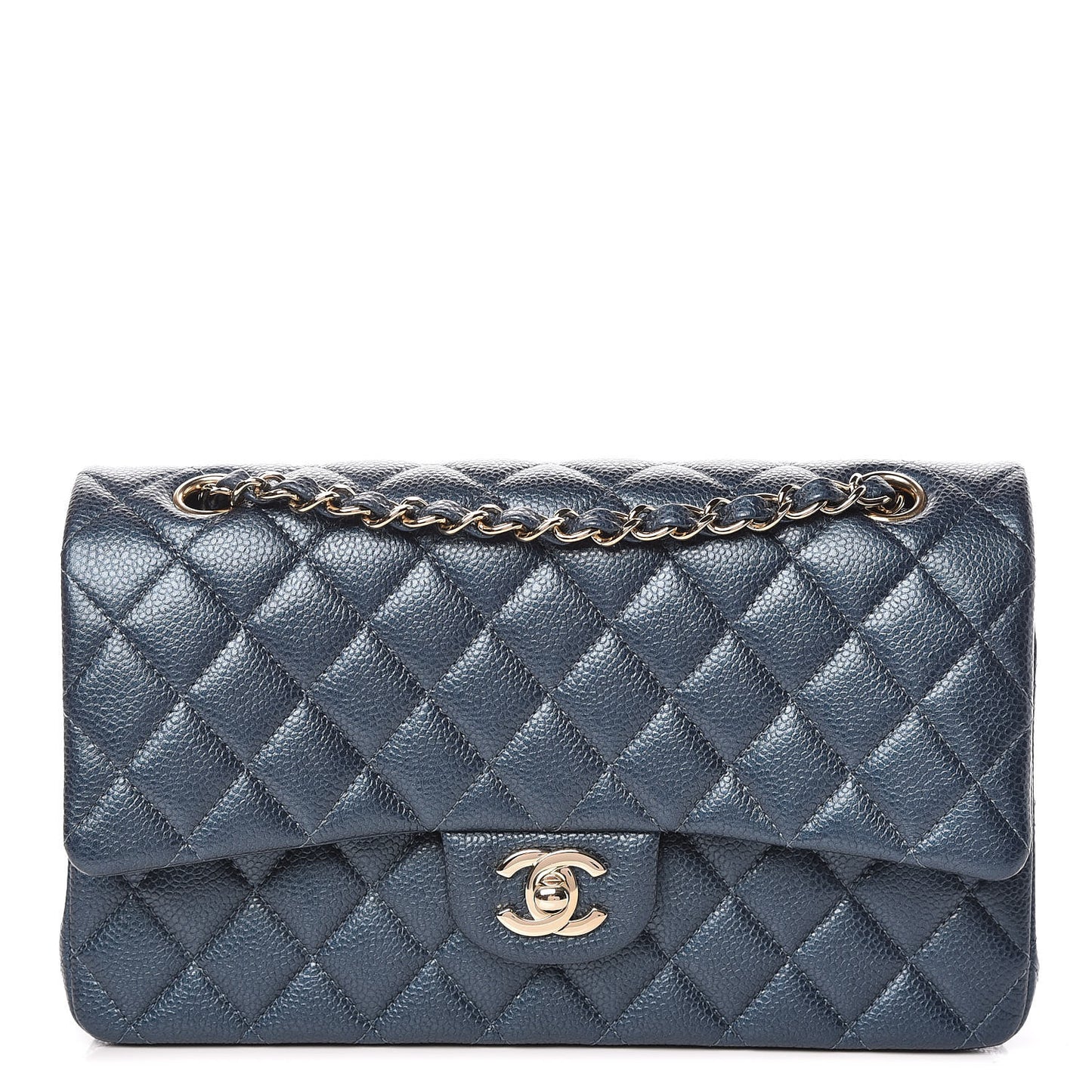 Iridescent Caviar Quilted Medium Double Flap Dark Blue