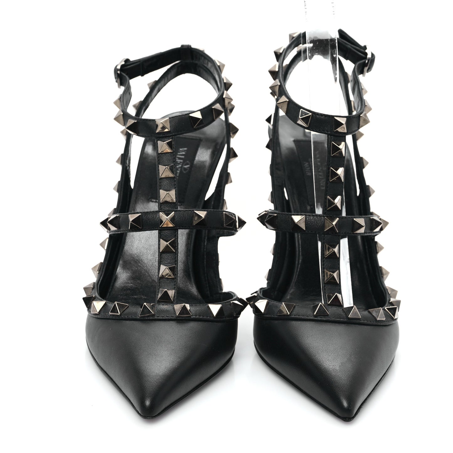 Calfskin Nappa Rockstud Ankle Strap 100mm Pumps 37 Black