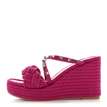 Valentino Garavani Calfskin Silk Rockstud Torchon Espadrille Wedge 35/105mm Slide Sandals 40 Rose Violet 1 of 9