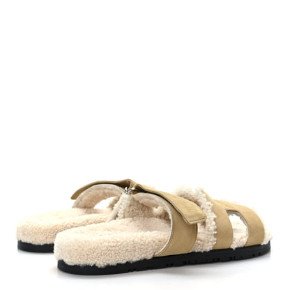 Hermes Suede Goatskin Woolskin Womens Chypre Sandals 39.5 Golden Beige 4 of 8