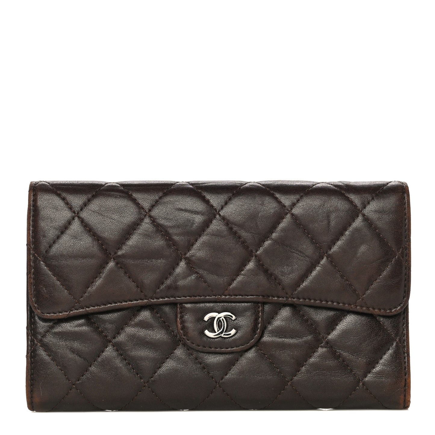 Lambskin Quilted Large Flap Wallet Dark Brown