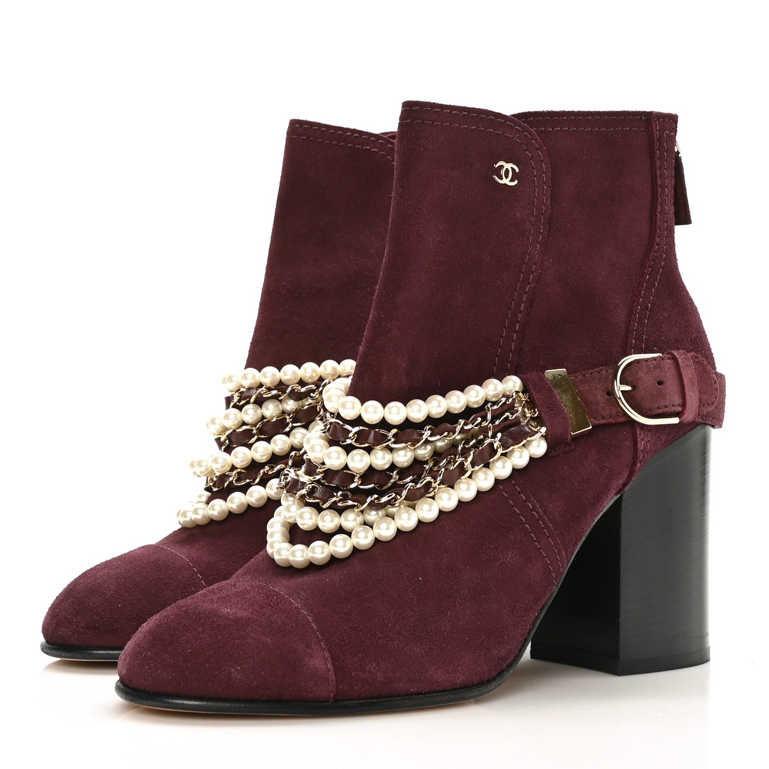 Chanel Suede Calfskin Pearl Cap Toe Short Boots 41 Burgundy 3 of 8