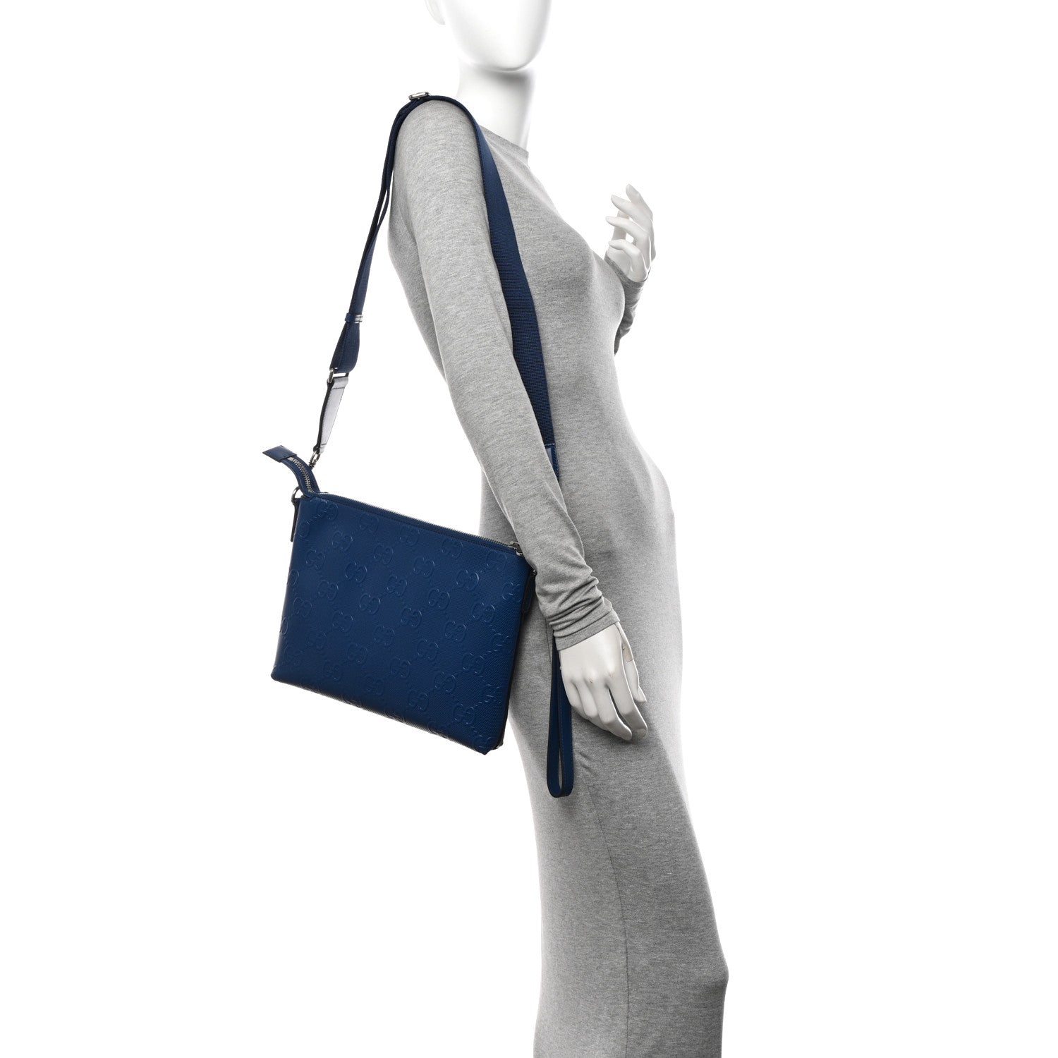Gucci Calfskin GG Tennis Embossed Medium Wristlet Messenger Bag Intense Metal Blue 2 of 12