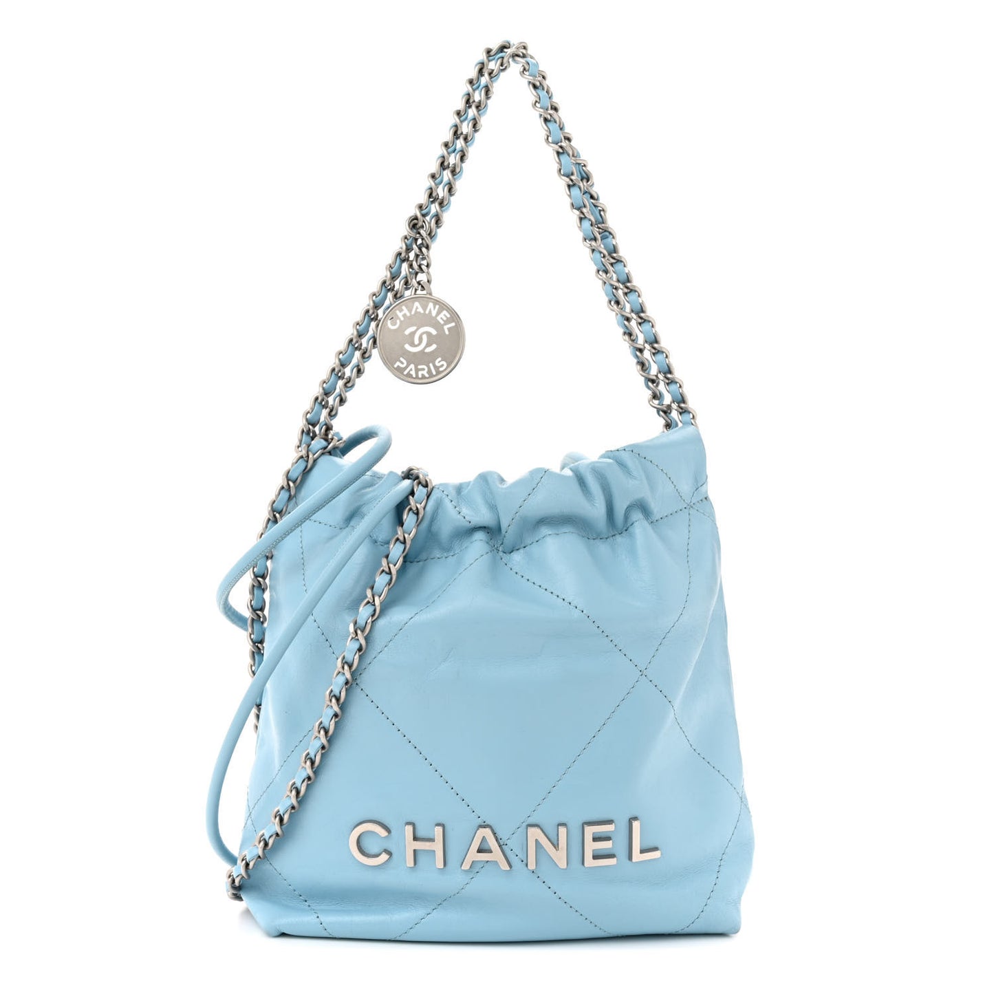 Shiny Calfskin Quilted Mini Chanel 22 Light Blue