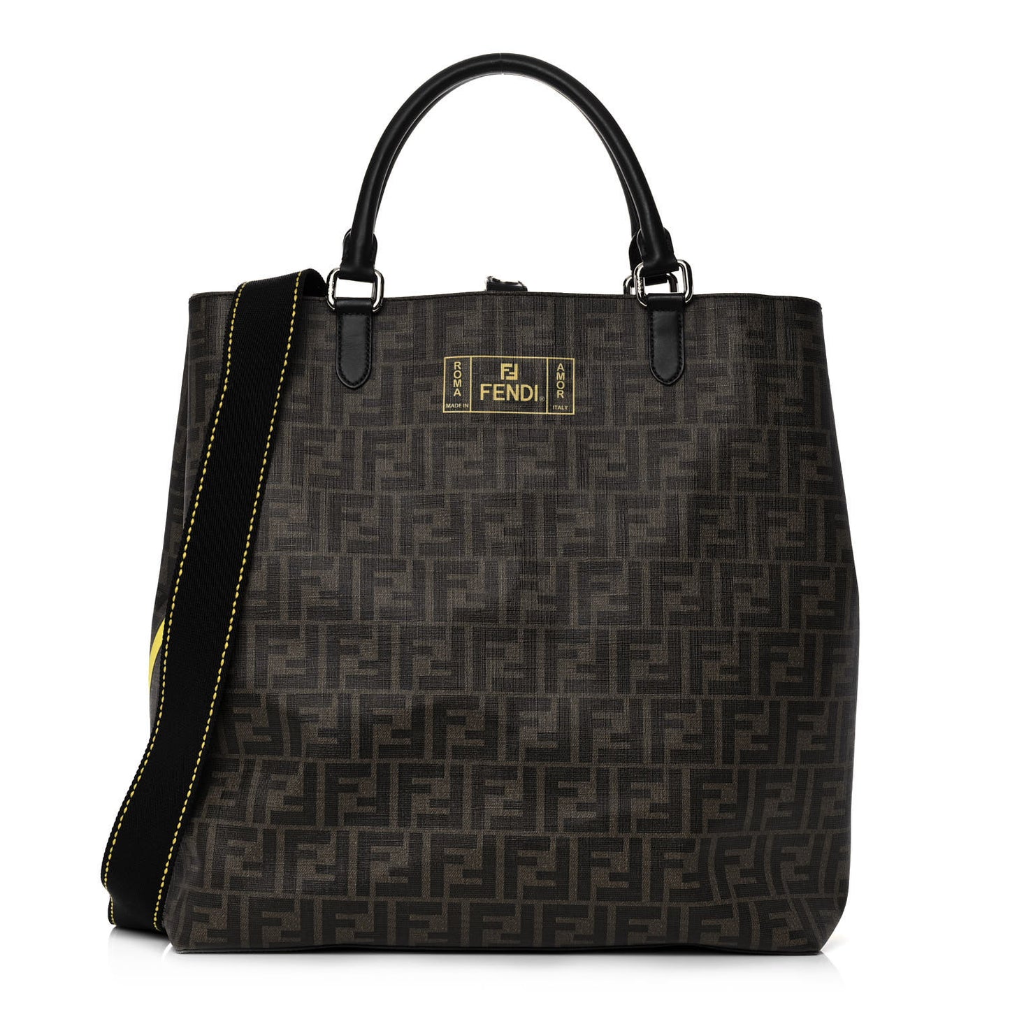Glazed Fabric Vitello Century FF 1974 Roma Amor Tote Tobacco Moro Black Limone