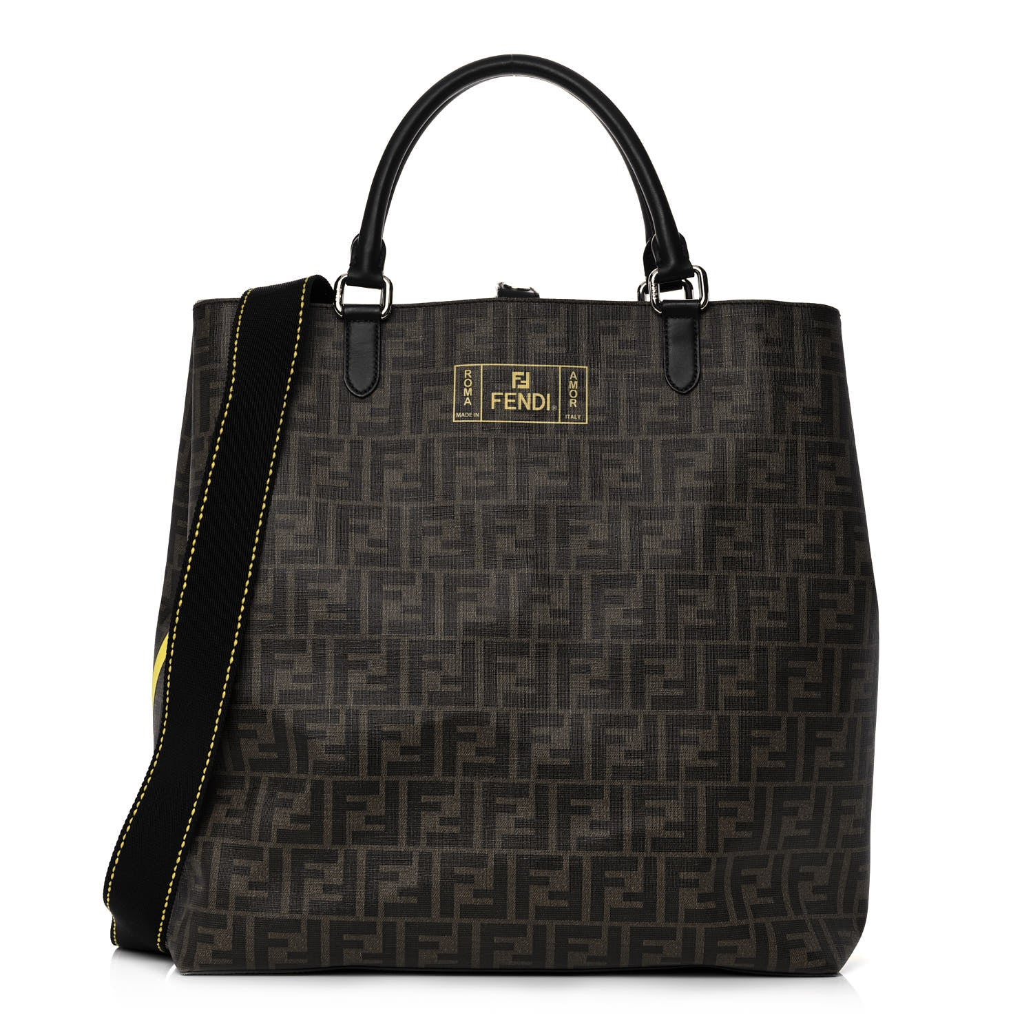 Fendi Glazed Fabric Vitello Century FF 1974 Roma Amor Tote Tobacco Moro Black Limone 1 of 14