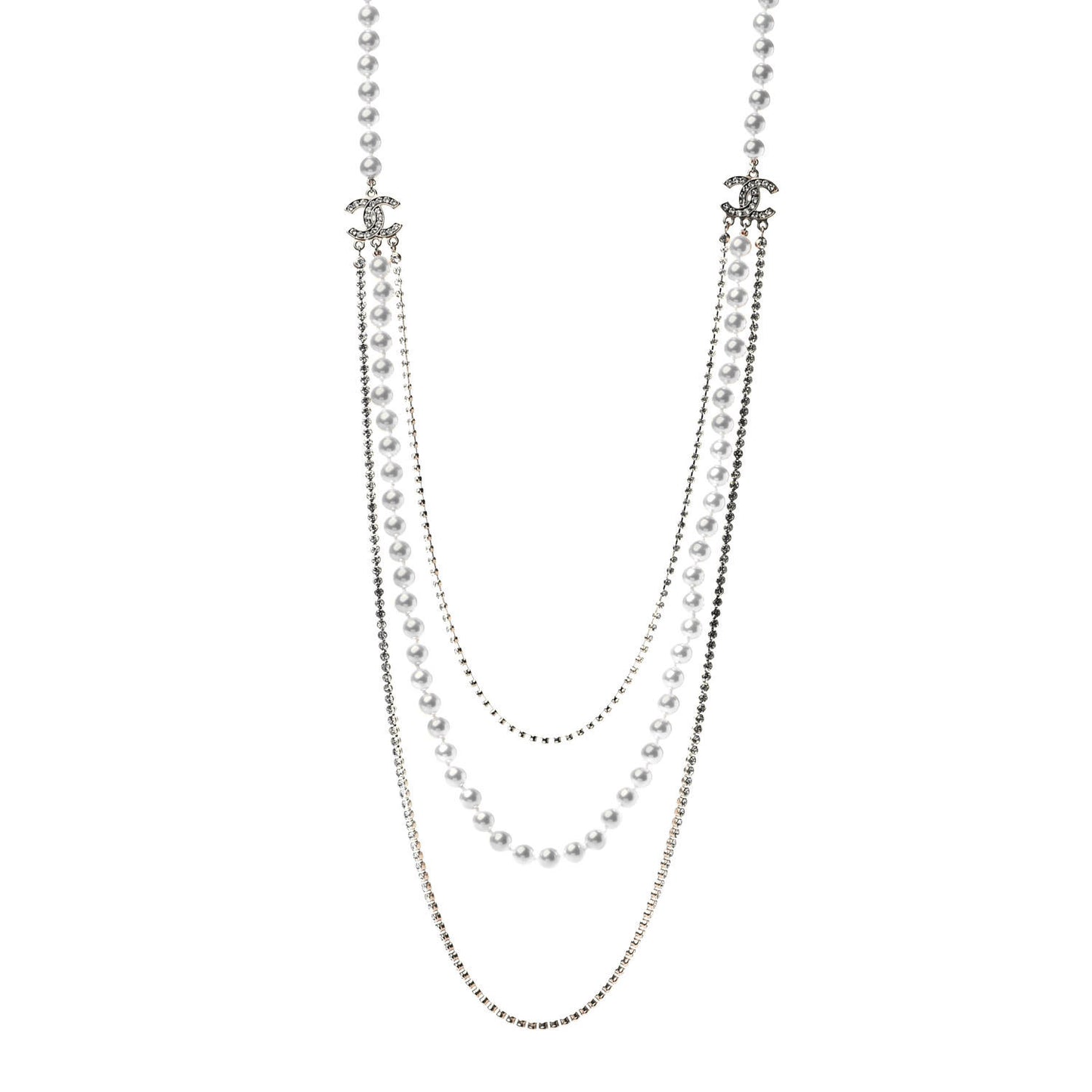 Crystal Pearl CC Long Multistrand Necklace Gold