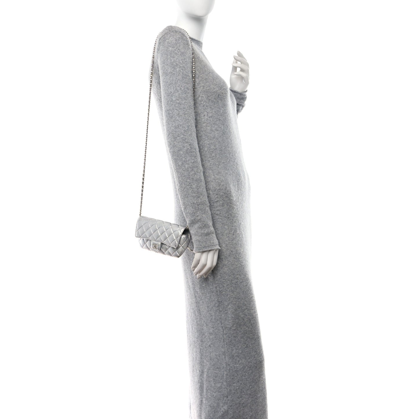 Metallic Lambskin Quilted Glasses Case With Chain Silver