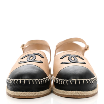 Chanel Lambskin Cap Toe CC Espadrille Sandals 40 Beige Black 2 of 10
