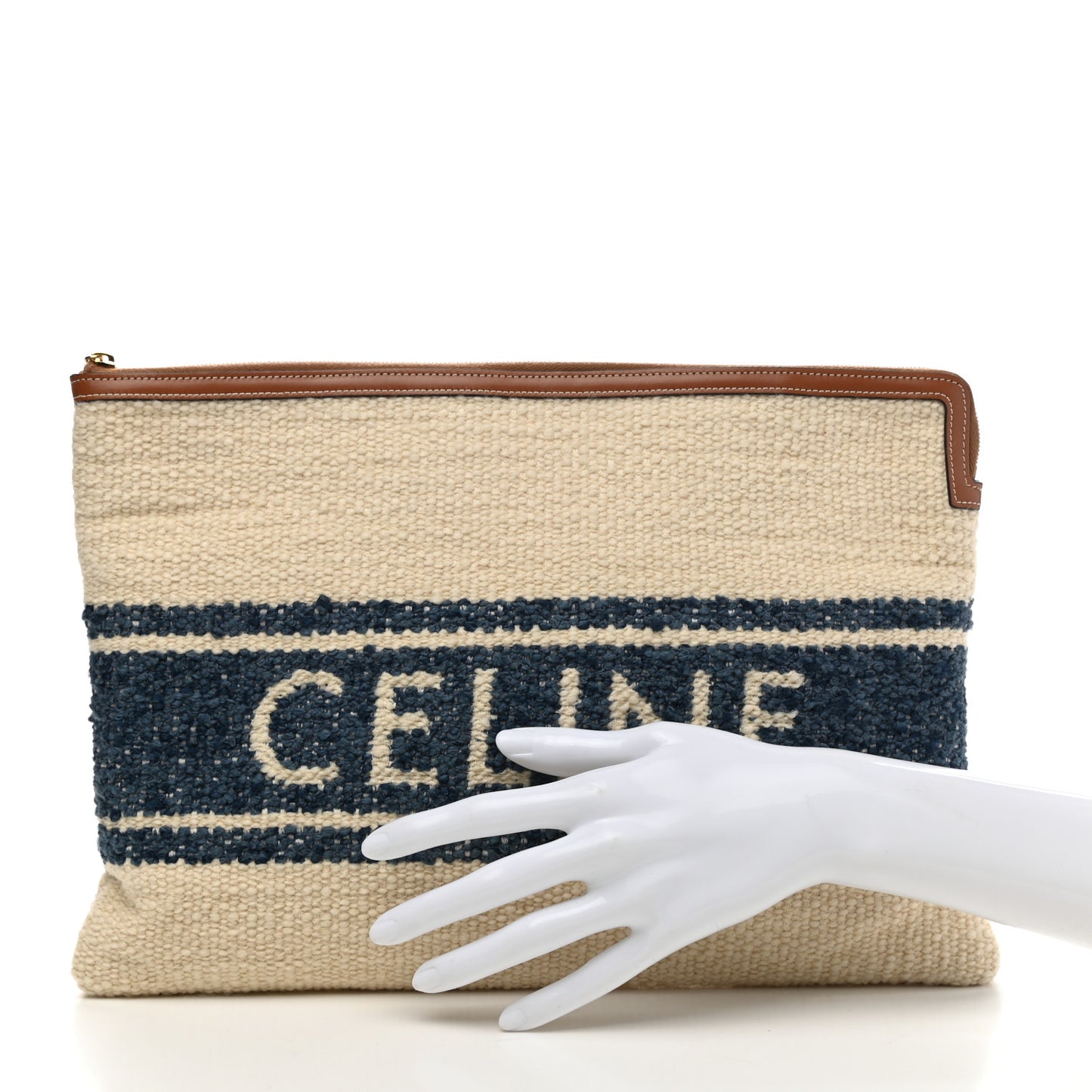 Plein Soleil Textile Calfskin Striped Large Pouch Blue Tan