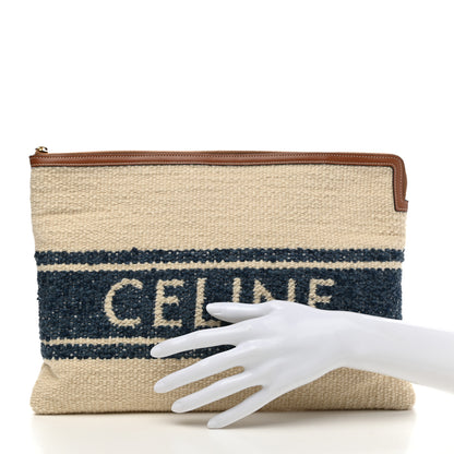 Celine Plein Soleil Textile Calfskin Striped Large Pouch Blue Tan 2 of 7
