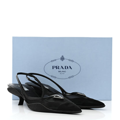 Prada Mesh Nappa Triangle Logo Pointed Toe 45mm Slingback Pumps 38.5 Black 9 of 9