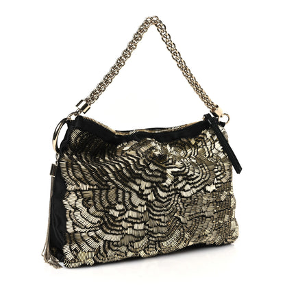 Jimmy Choo Silk Sequin Tassel Callie Shoulder Bag Black Gold 3 of 8