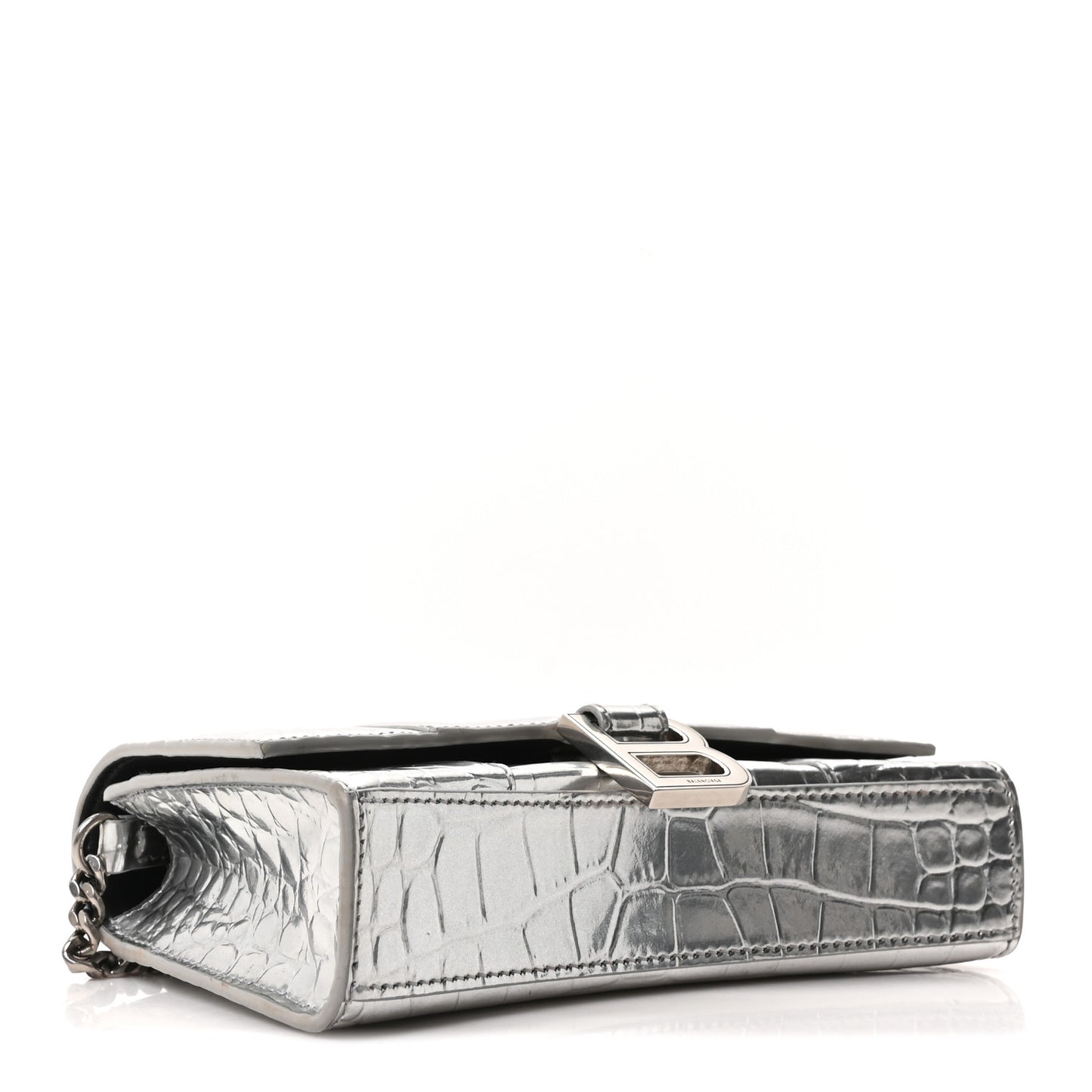 Metallic Calfskin Crocodile Embossed Hourglass Chain Bag Silver