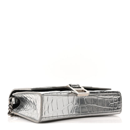 Balenciaga Metallic Calfskin Crocodile Embossed Hourglass Chain Bag Silver 3 of 8