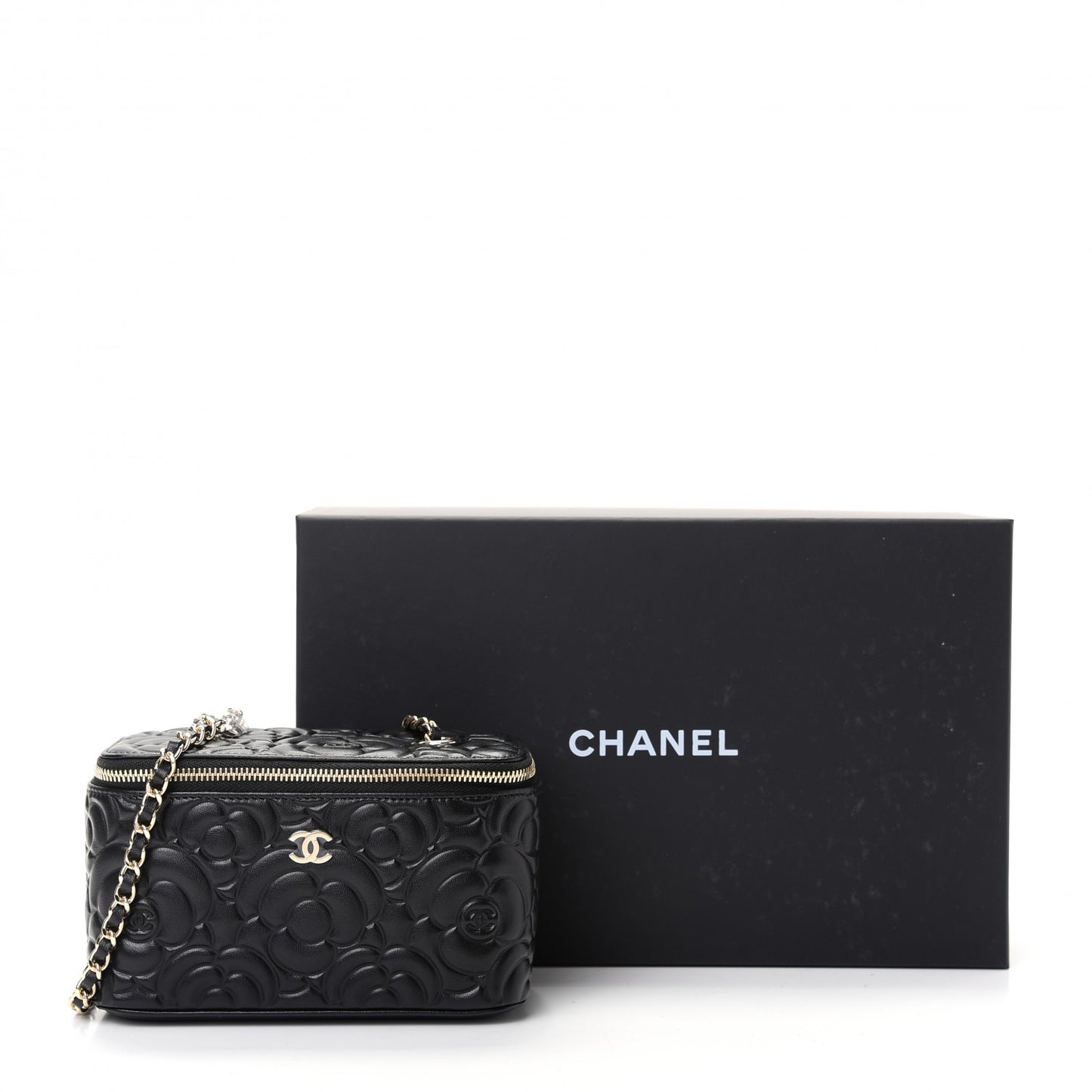 Goatskin Camellia Embossed Quilted Small Vanity Case With Chain Black