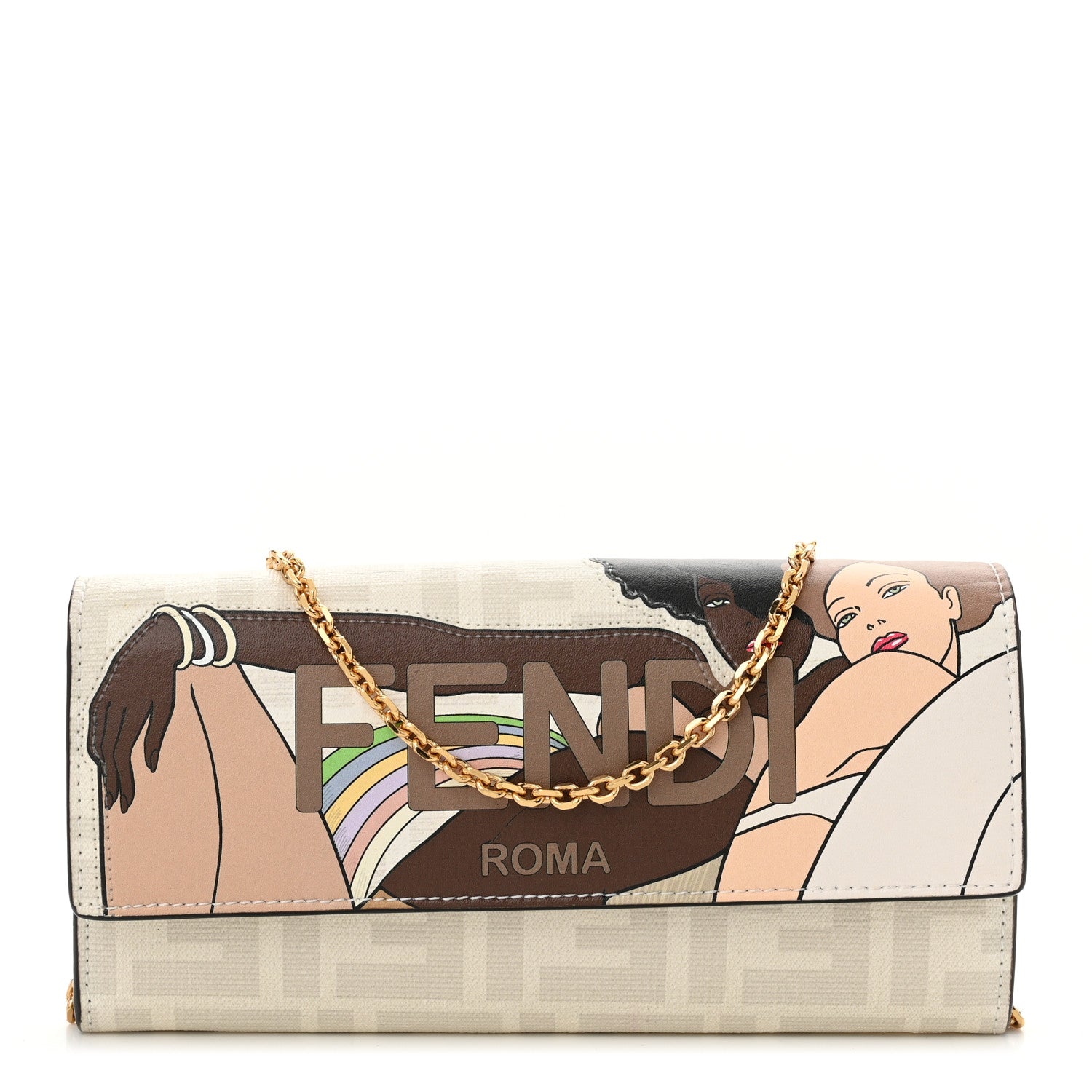 Fendi Glazed Fabric Vitello Liberty FF Logo Bikini Girls Inlay Continental Wallet On Chain Bianco Perla Multicolor 1 of 11