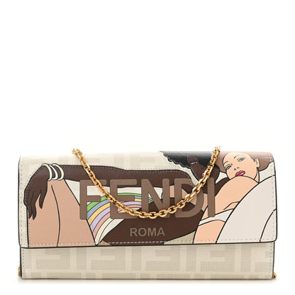 Fendi Glazed Fabric Vitello Liberty FF Logo Bikini Girls Inlay Continental Wallet On Chain Bianco Perla Multicolor 1 of 11