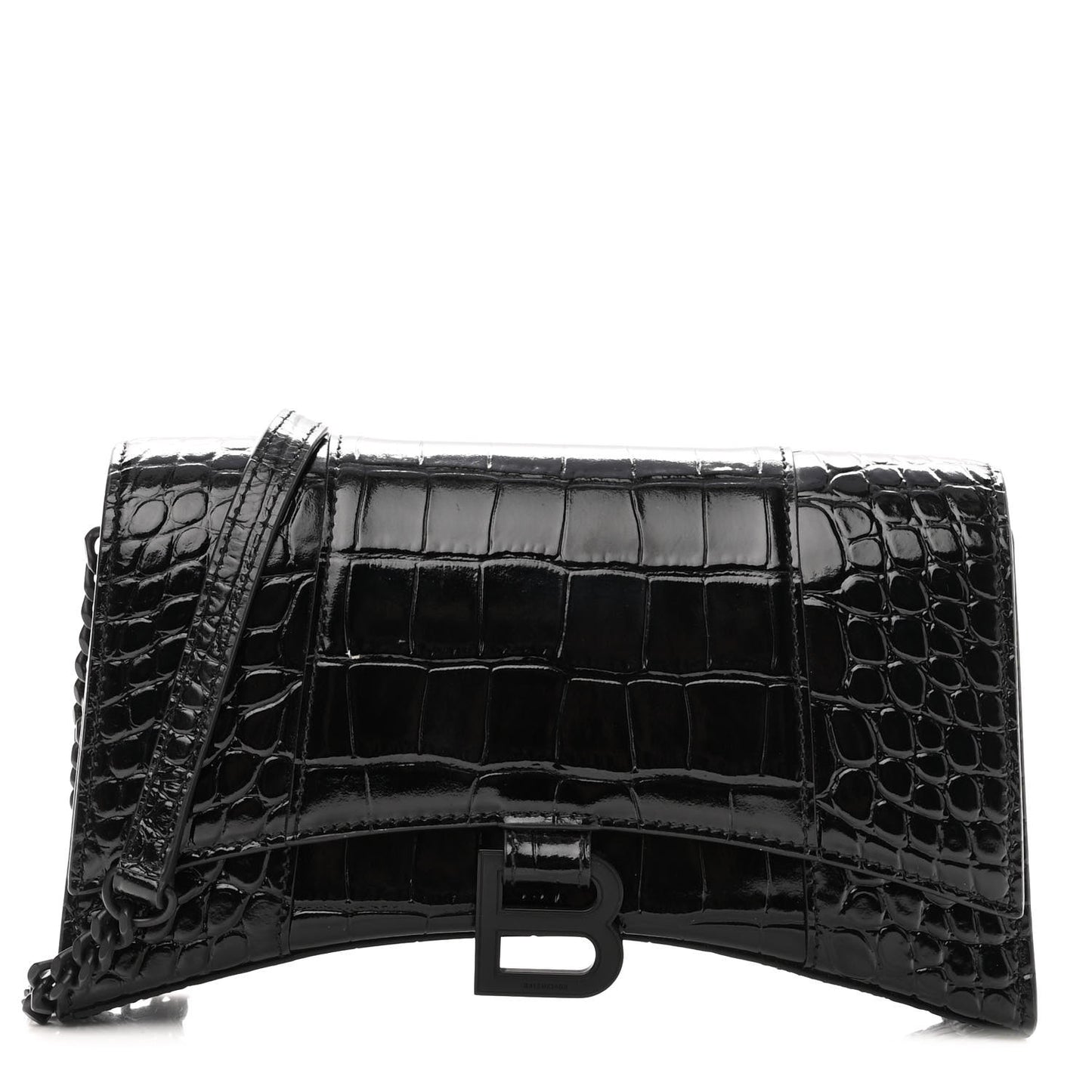 Shiny Calfskin Monochrome Crocodile Embossed Small Hourglass Evening Chain Bag Black