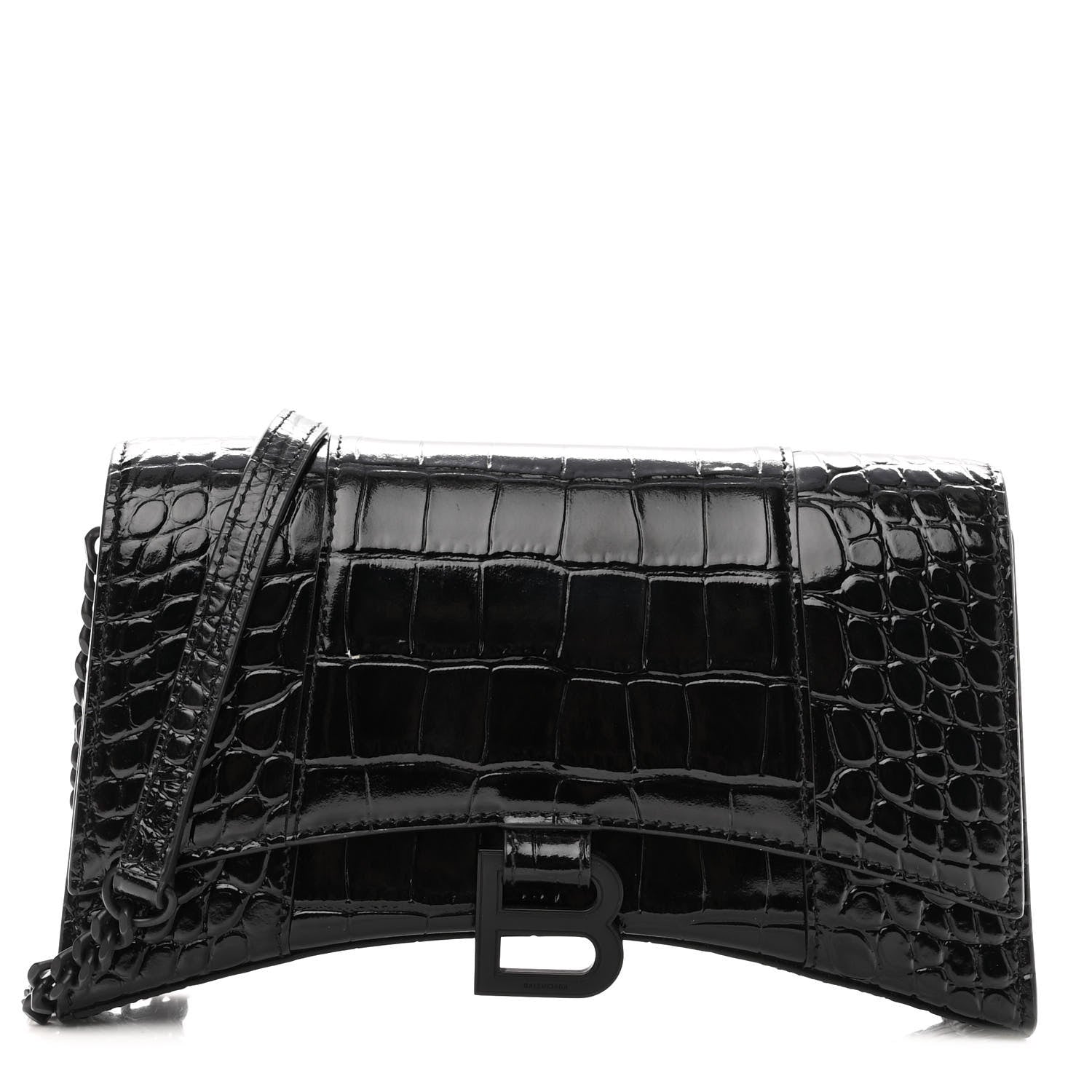 Balenciaga Shiny Calfskin Monochrome Crocodile Embossed Small Hourglass Evening Chain Bag Black 1 of 9