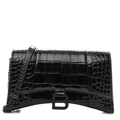 Balenciaga Shiny Calfskin Monochrome Crocodile Embossed Small Hourglass Evening Chain Bag Black 1 of 9