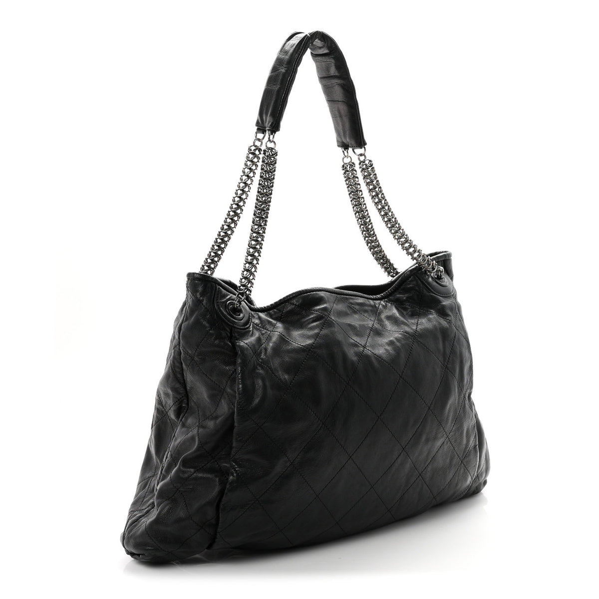 Lambskin Quilted Chain Shopper Tote Black