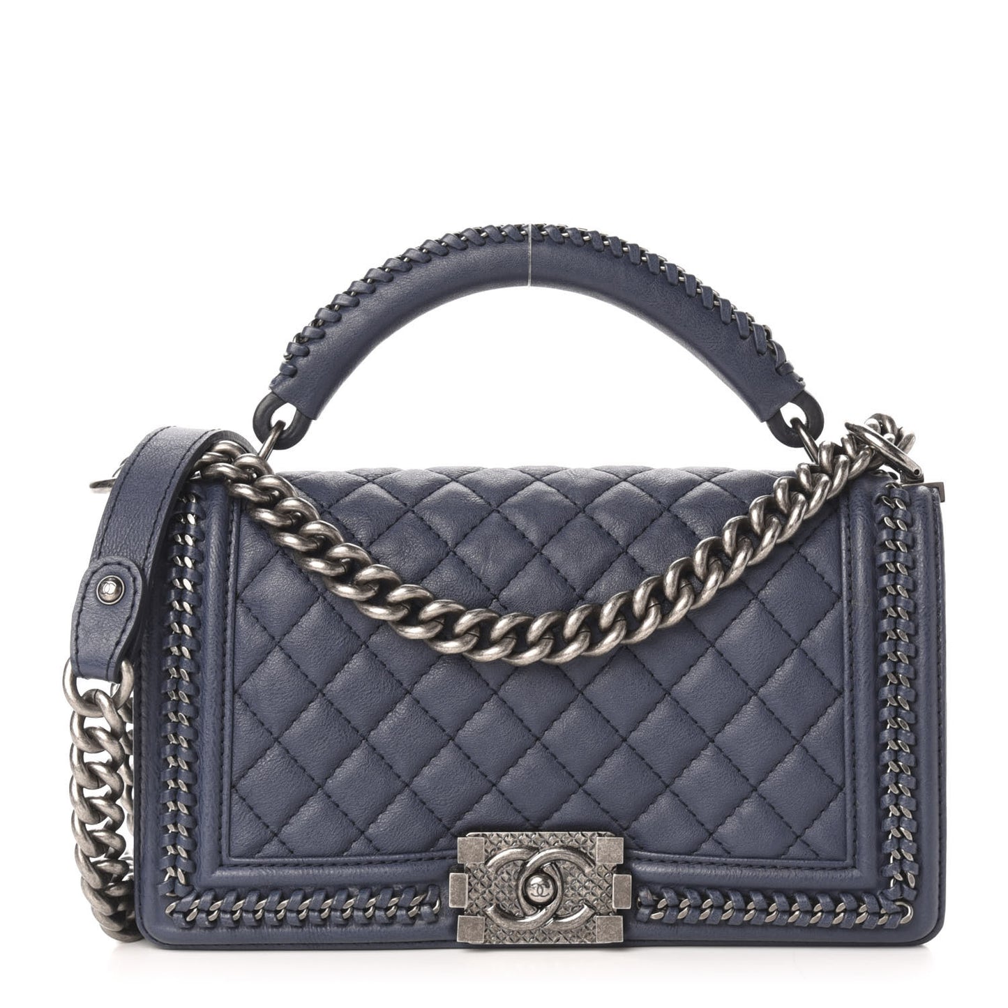 Calfskin Quilted Medium Top Handle Boy Flap Blue